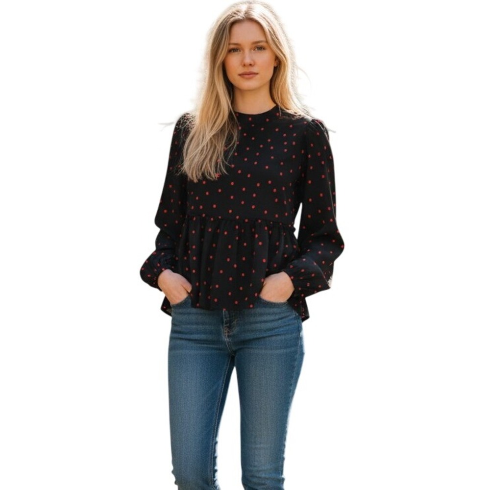 Sanctuary Womens Black Red Dot Print Long Sleeve Peplum Blouse Top XXL Recyc Pol